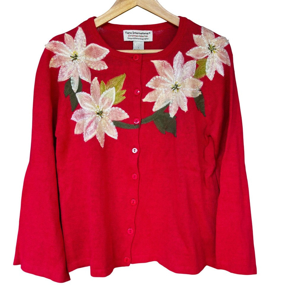Vintage Tiara International Christmas Cardigan Sweater Red Poinsettia NWT